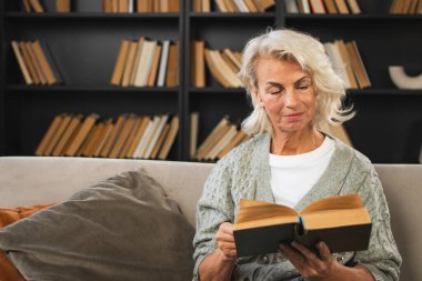 Huzur, evde kitap okuyan yaşlı ve yaşlı bir kadın. Olgun bir kadın dinleniyor. Evde tek başına sakin bir gün geçiriyor. Yetişkin kadın boş zamanlarını kitap okuyarak geçiriyor. Emeklilik konsepti