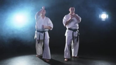 Karanlık arka planda dövüş sanatları ustaları. Siyah spor salonunda karate dövüş sporları eğitimi için beyaz kimonolu güçlü dövüşçüler. Karate dövüşçüleri antrenman yapıyor. Dövüş antrenmanı yapıyor.