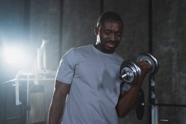 Beden eğitiminde spor. Spor salonunda dambılları toplayan Afrikalı Amerikalı bir vücut geliştirici. Fitness kulübünde halterli kasları çalıştırmak için ağırlık çalışıyorum. Spor yapan bir adam. Sağlıklı yaşam tarzı