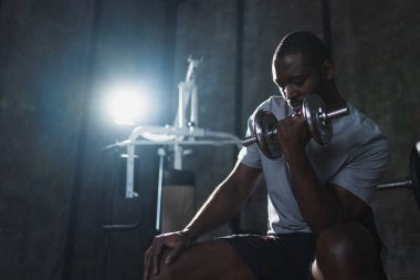 Beden eğitiminde spor. Spor salonunda dambılları toplayan Afrikalı Amerikalı bir vücut geliştirici. Fitness kulübünde halterli kasları çalıştırmak için ağırlık çalışıyorum. Spor yapan bir adam. Sağlıklı yaşam tarzı