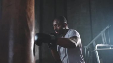 Beden eğitiminde spor. Güçlü Afrikalı dövüşçü boks torbasıyla yumruk eğitimi veriyor. Spor salonunda boks torbası yumruklayan sağlıklı bir boksör. Boks salonunda antrenman günü. Vücut çalıştırma eğitimine uygun güç