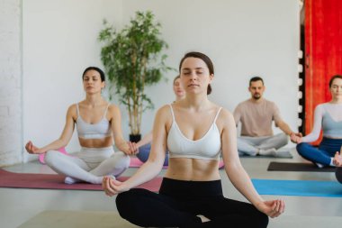 Yoga farkındalığı meditasyonu. Yoga sağlık farkındalığı meditasyonu için stüdyoda egzersiz yapan bir grup sporcu. Nilüfer çiçeğinde oturup yoga yapan erkek kadınlar meditasyon yapıyor.
