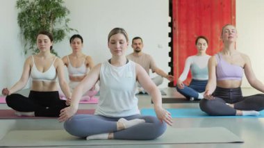 Yoga farkındalığı meditasyonu. Yoga sağlık farkındalığı meditasyonu için stüdyoda egzersiz yapan bir grup sporcu. Nilüfer çiçeğinde oturup yoga yapan erkek kadınlar meditasyon yapıyor.