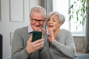 Görüntülü arama. Akıllı telefonlu mutlu son sınıf kadın erkek video görüşmesi yapıyor. Olgun yaşlı büyükbaba internette konuşuyor. Eski nesil modern teknoloji kullanımı. Sanal toplantı çevrimiçi sohbet