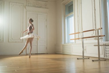 Bale dersinde etekli balerin dans ederek bale yapıyor. Dans stüdyosundaki genç klasik dansçı kadın. Bale sınıfı eğitimi. Bale okulunda dans provası yapan sanatçı kız.