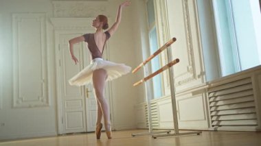 Bale dersinde etekli balerin dans ederek bale yapıyor. Dans stüdyosundaki genç klasik dansçı kadın. Bale sınıfı eğitimi. Bale okulunda dans provası yapan sanatçı kız.