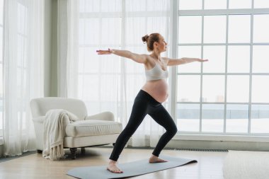 Hamilelik yoga antrenmanı. Hamile kadın evde yoga yapıyor. Hamile kız içeride yoga minderiyle spor yapıyor. Koca göbekli bir kadın Asya antrenmanı yapıyor.