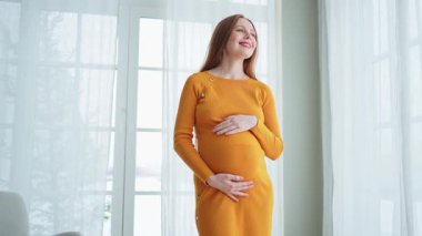 Hamilelik anneliği insanların gelecek beklentisi. Evinin penceresinin yanında koca göbekli hamile bir kadın var. Karnına sarılan ve hamileliğin tadını çıkaran bir kız. Annelik şefkati ebeveynlik yeni yaşam konsepti