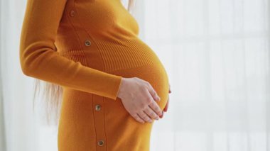 Hamilelik anneliği insanların gelecek beklentisi. Hamile kadın elleri pencerenin yanındaki koca göbeğe dokunuyor. Karnına sarılan ve hamileliğin tadını çıkaran bir kız. Annelik şefkati ebeveynlik yeni yaşam konsepti