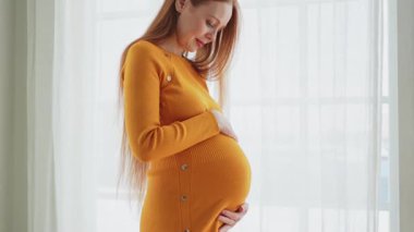 Hamilelik anneliği insanların gelecek beklentisi. Evinin penceresinin yanında koca göbekli hamile bir kadın var. Karnına sarılan ve hamileliğin tadını çıkaran bir kız. Annelik şefkati ebeveynlik yeni yaşam konsepti