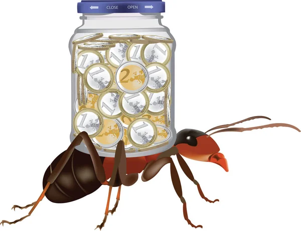 Red Ant Carries Shoulders Glass Jar Full Euros — Stock Vector
