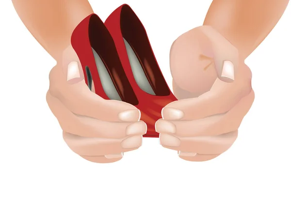 Manos Las Personas Que Protegen Los Zapatos Rojos Las Mujeres — Vector de stock