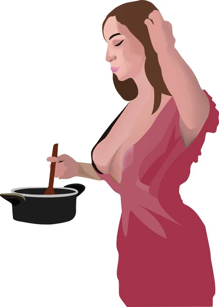 Молодая Женщина Домохозяйка Время Приготовления Пищи Горшком Костра — стоковый вектор