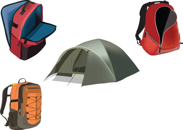 バックパックとキャンプ用テントで — ストックベクタ