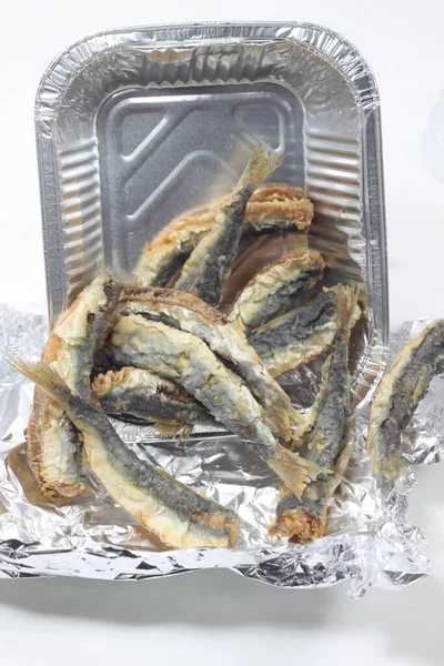 Fried Seafood Fish Takeaway Sardines — Zdjęcie stockowe