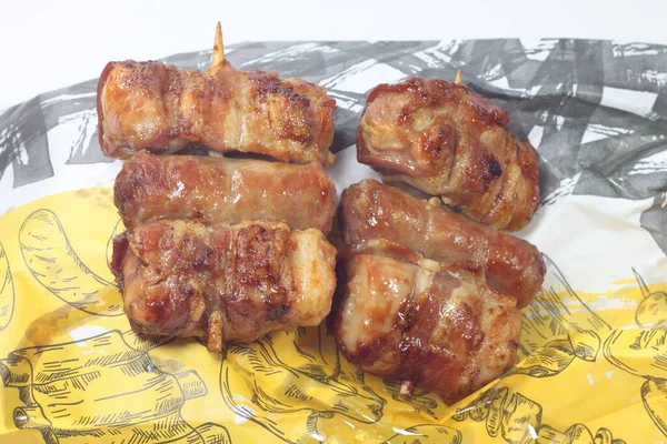 Chicken Skewers Stuffed Baked Bacon — Stock Photo, Image