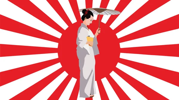 Geisha Con Ropa Tradicional Con Fondo Bandera Japonesa — Vector de stock