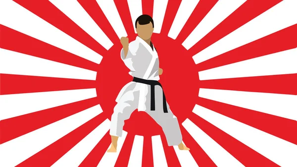 Karateka Con Fondo Bandera Japonesa — Vector de stock