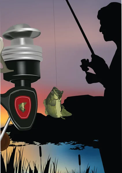 Rybář Při Západu Slunce Skále Moře Rybaření — Stockový vektor