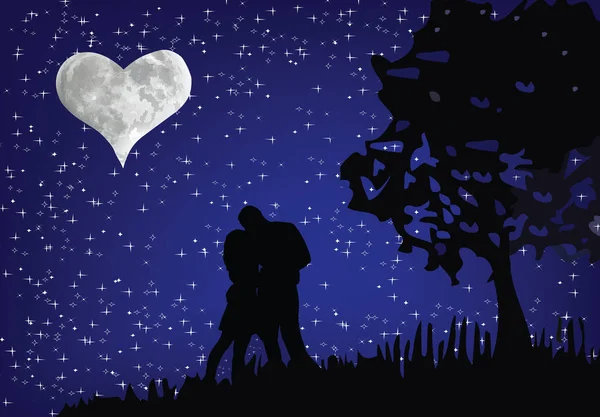 Couple Amoureux Embrassent Sous Ciel Étoilé Avec Lune Forme Coeur — Image vectorielle