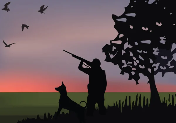 Hunter Koiran Kanssa Aamunkoitteessa Ampuja Peli — vektorikuva