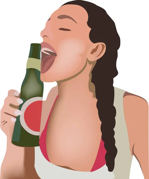 Chica Con Trenza Bebe Cerveza Botella — Archivo Imágenes Vectoriales