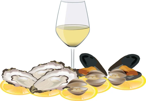 Antipasto Crostacei Ostriche Cozze Con Vino Bianco — Vettoriale Stock