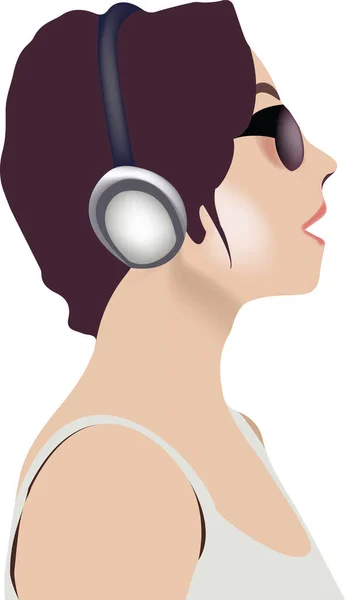 Medio Busto Mujer Con Auriculares Canta — Vector de stock