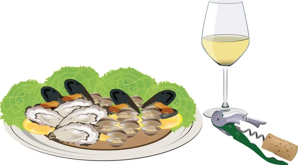 Appetizer Shellfish Oysters Mussels White Wine — Stock Vector