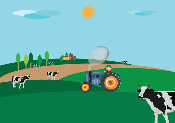 Agriculteur Sur Tracteur Campagne Avec Bétail — Image vectorielle
