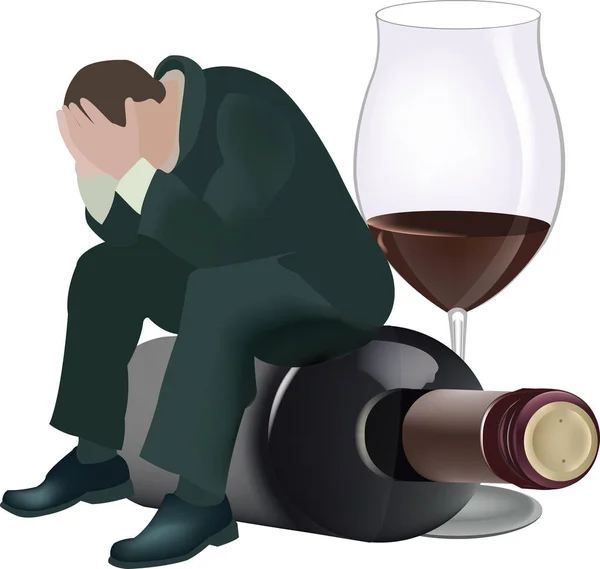 Postava Zoufalé Osoby Sedící Láhvi Alkoholizovaného Vína — Stockový vektor