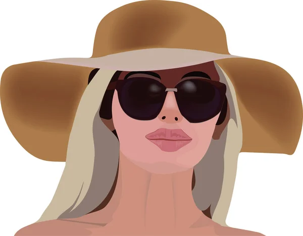 Cara Mujer Con Gafas Sol Sombrero Verano — Vector de stock