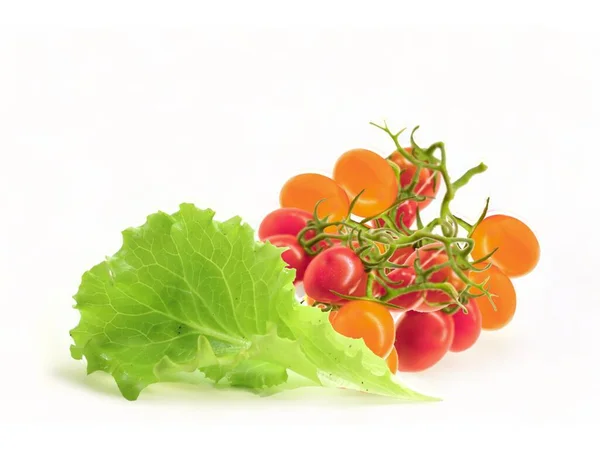 yellow and red cherry tomatoes with salad leaf white background