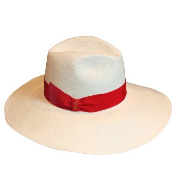Stylish white fedora hat with a striking red ribbon displayed in a shop window clipart