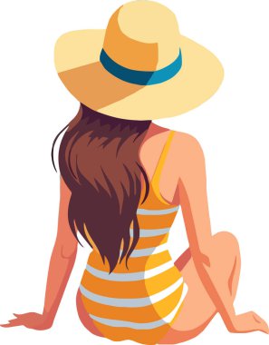 Güneş şapkası ve mayo giymiş bir kadının kumsalda oturması, boş zamanları ve yaz havasını simgeliyor.