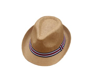 High-quality image of a straw fedora hat with a blue and red ribbon, isolated on a white background clipart