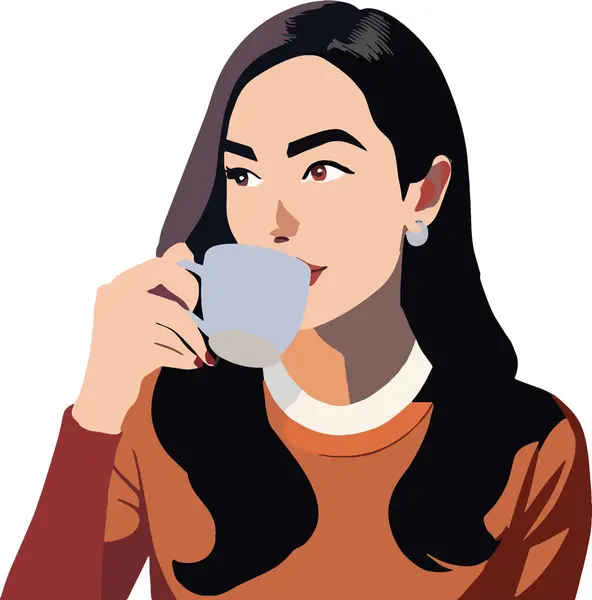 Retrato Ilustrado Una Joven Con Estilo Bebiendo Una Taza Café Vector de stock