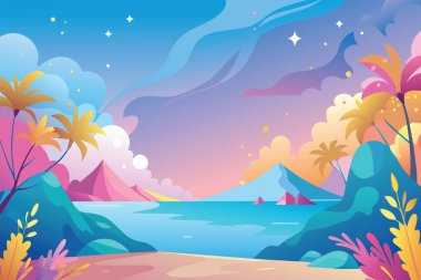 Colorful vector artwork of a sunset with mountains, palm trees, and a tranquil beach clipart