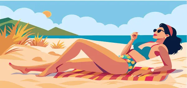 Mujer Traje Baño Playa Toma Sol Gráficos vectoriales