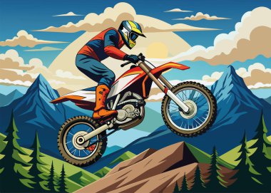 sportsman on motocross motorcycle in the mountains while doing a stunt jump clipart