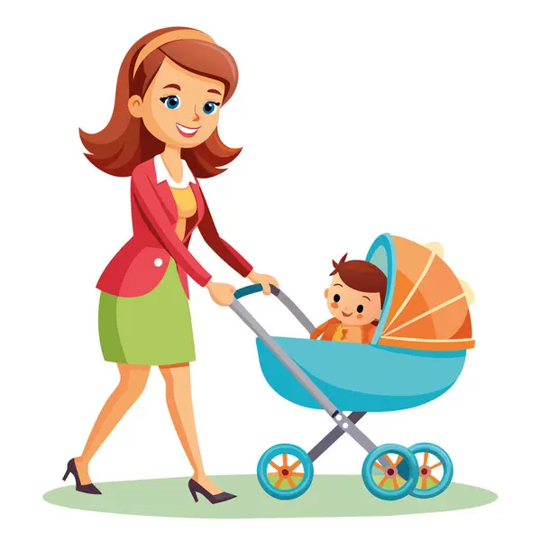 Young Mom Pushing Stroller — Stock Vector