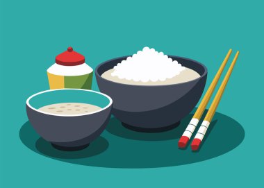 Asya mutfağının esasları. Pirinç, miso çorbası ve yemek çubukları.-