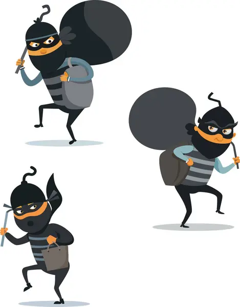 stock vector Cartoon burglar tiptoeing with a crowbar and a bag full of loot