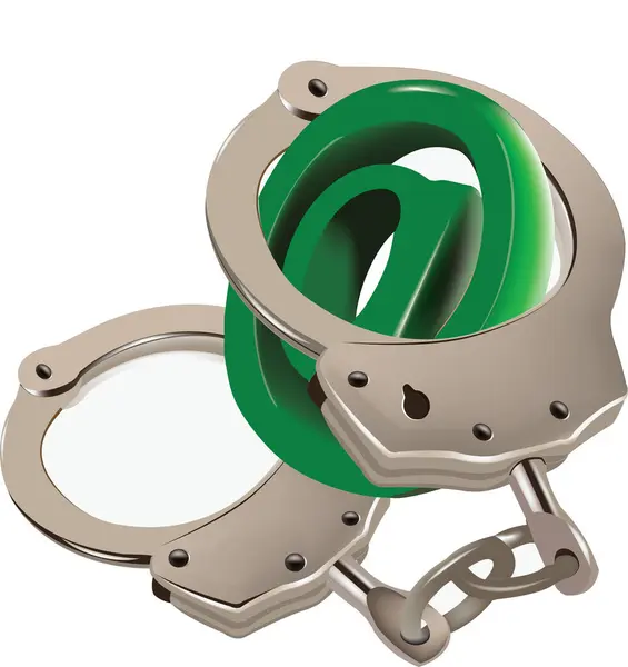 stock vector Metallic handcuffs restraining a green at symbol illustrating the concept of internet censorship