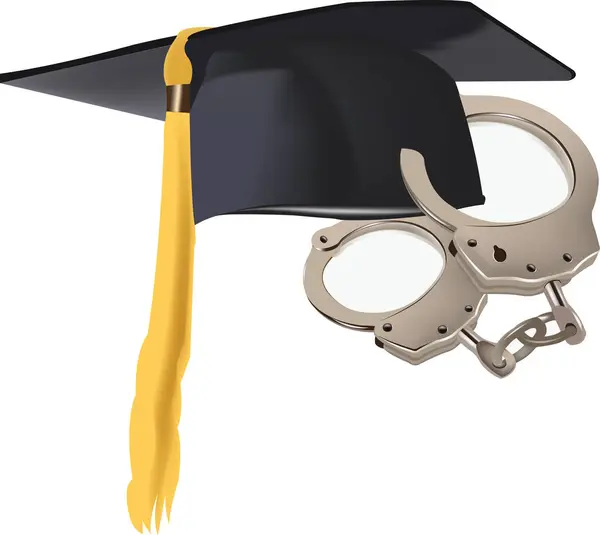 stock vector Graduation cap is holding handcuffs illustrating the concept of student loan debt