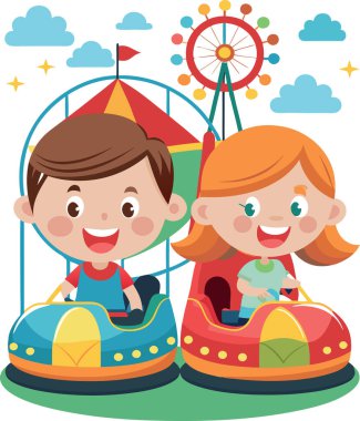 İki mutlu çocuk, arka planda dönme dolap ve lunaparkta hız treniyle çarpışan arabaları sürerken gülümsüyor.