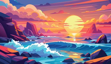 Ocean waves crashing on rocks in a cove as the sun sets over the water clipart