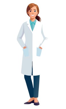 Elleri cebinde duran laboratuvar önlüğü giyen, gülümseyen, kendine güvenen genç bir kadın doktor resmi.