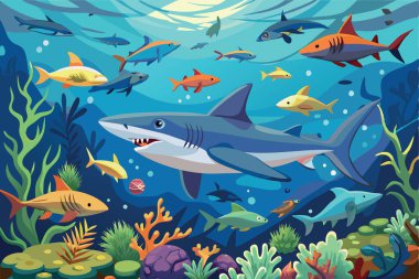 Cartoon sharks swimming peacefully in ocean depths illustration- clipart