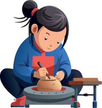 Young craftswoman concentrating on her work, shaping clay on a pottery wheel clipart